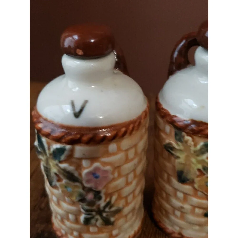 Vintage Oil & Vinegar Bottle Ceramic Basketweave Hand Painted Floral Cruets